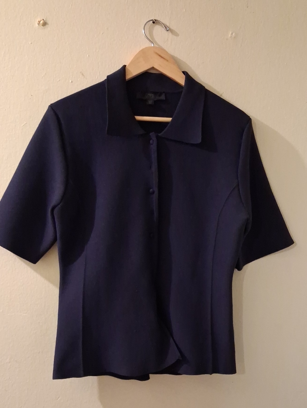 Zara Navy Short-Sleeve Button-Front Collared Top